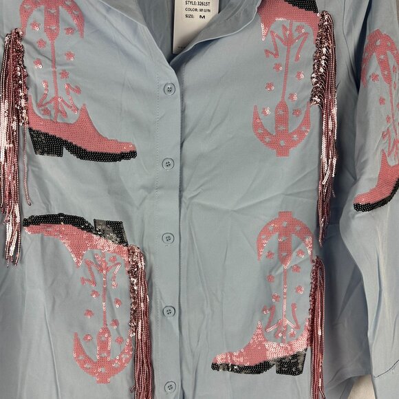 Blue b Womens Baby Blue & Pink Sequin Fringe Cowboy Boot Print Button-Up Shirt M - Picture 2 of 7
